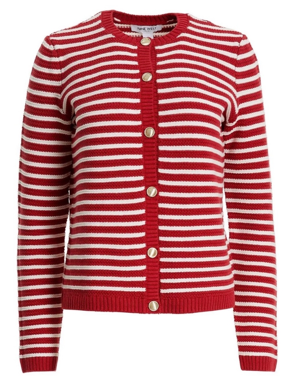 Nine West Red and White Striped Crewneck Button Cardigan